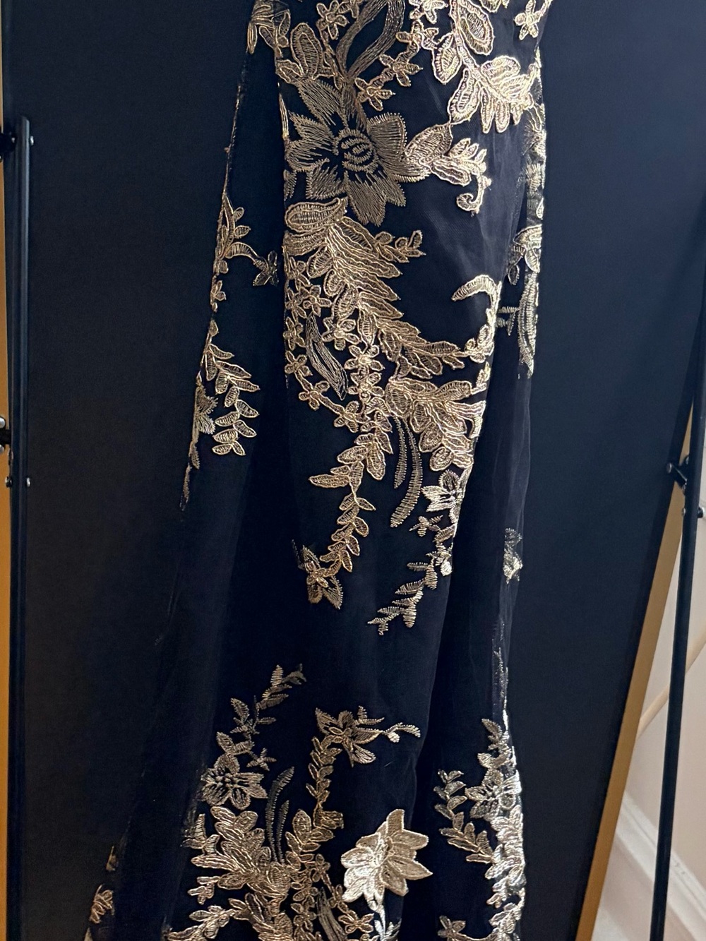 MARINA Black Gown with Gold Floral Lace Appliqué